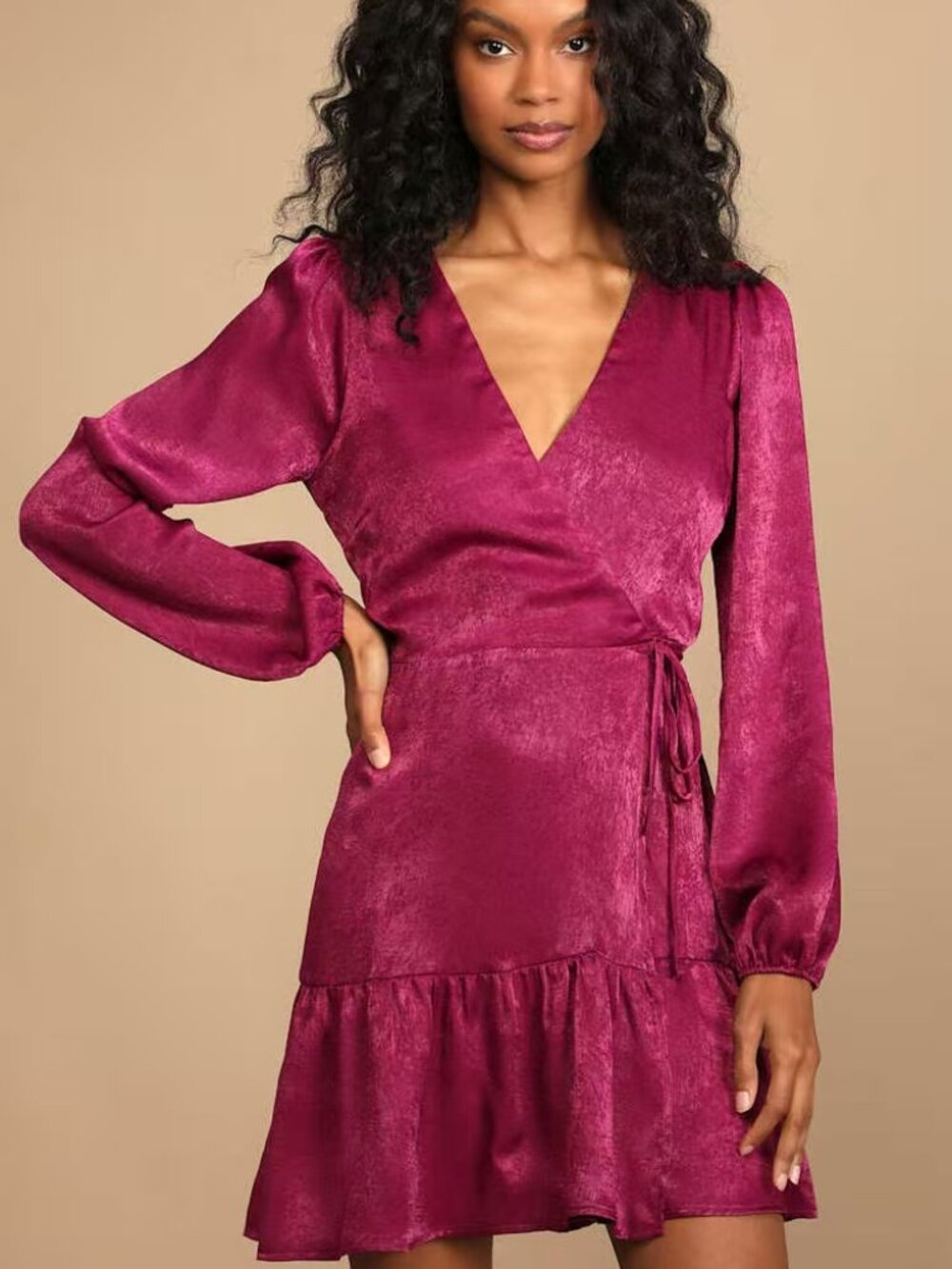 Lulus So Splendid Magenta Purple Satin Long Sleeve Wrap Dress